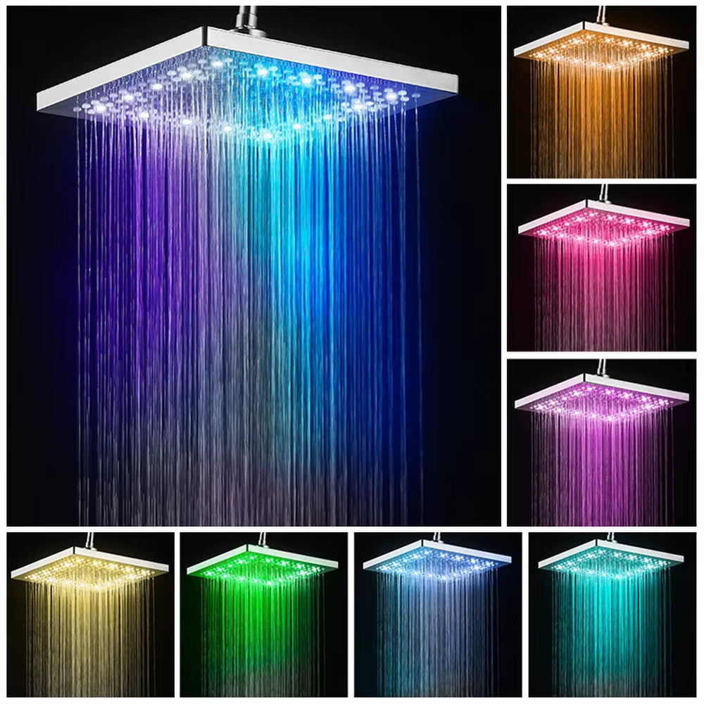 Bath Shower Head Square Faucet Led Stainless Steel Shower Rainfall Rain Shower Head High Pressure Rainshower Self-Discoloring
